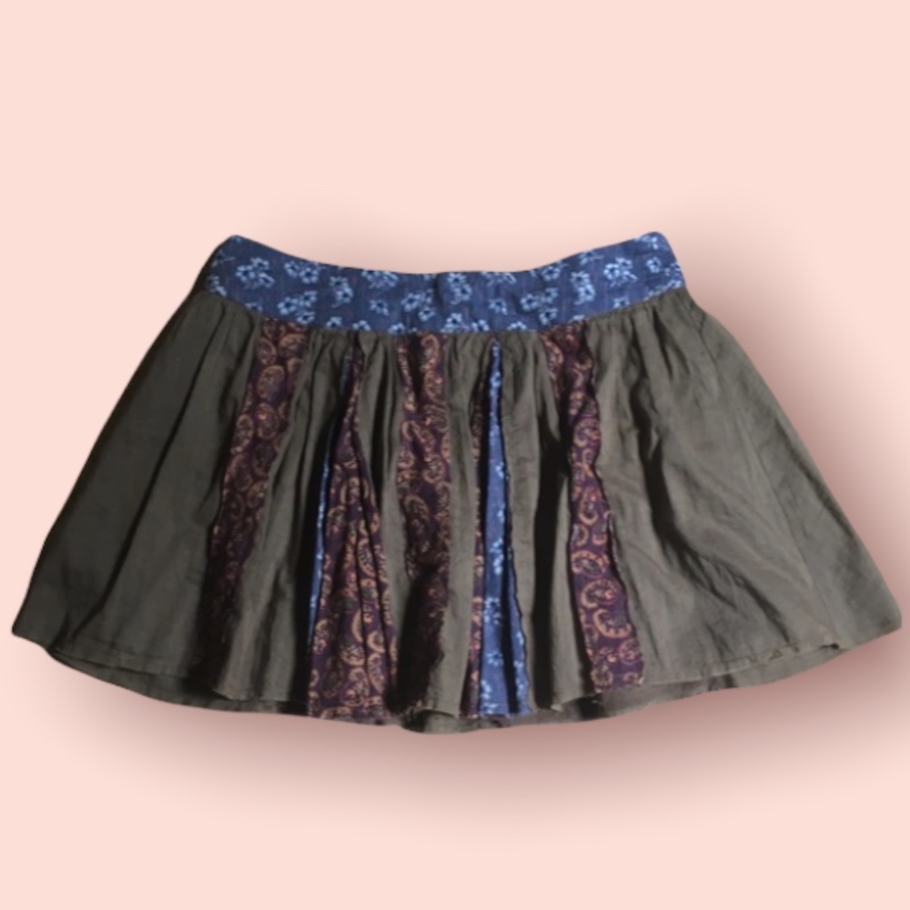 Vintage Free People Cotton Patchwork Pleated Mini Skirt 2